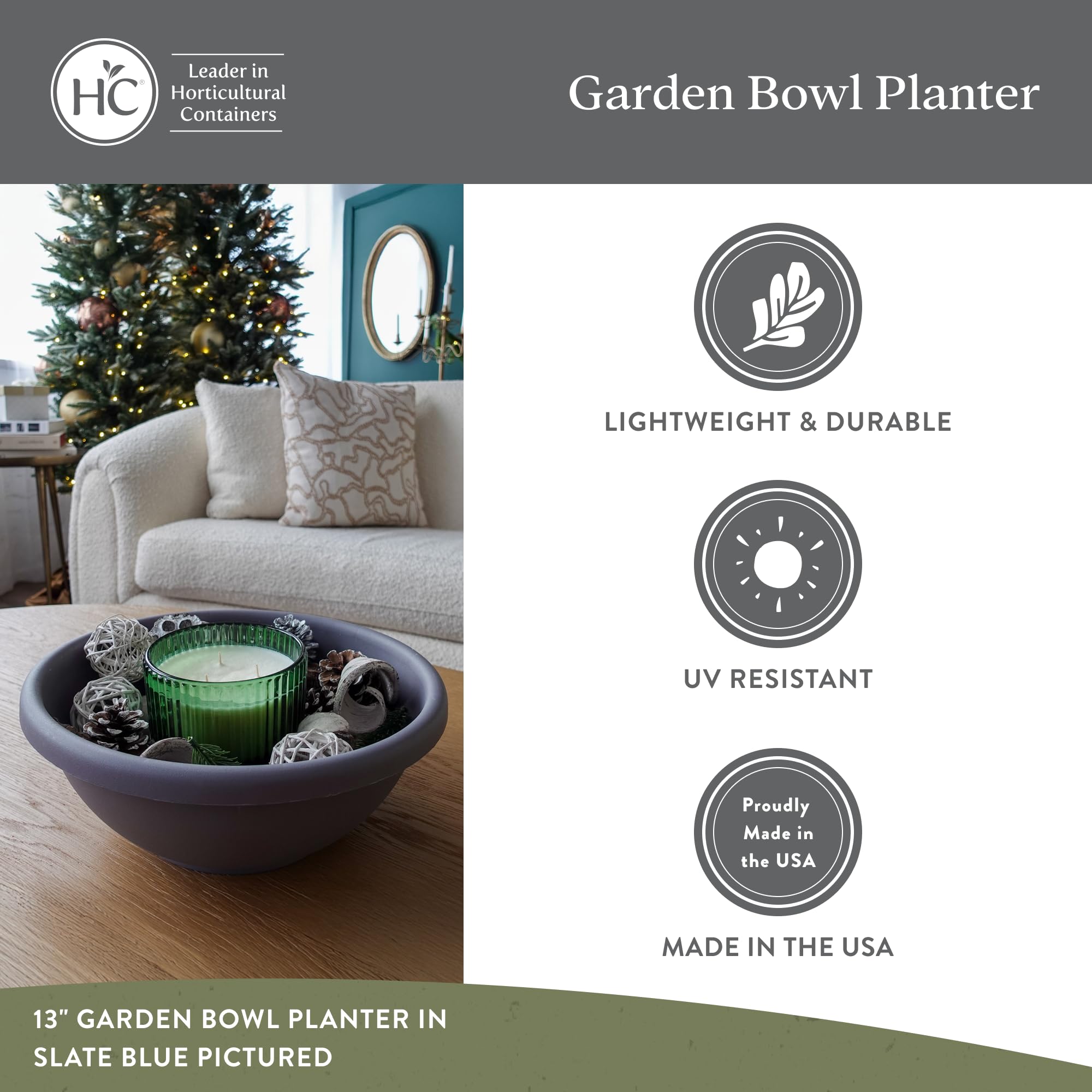 The HC Companies shallow planter lightweight and weather-resistant construction for sun and rain.