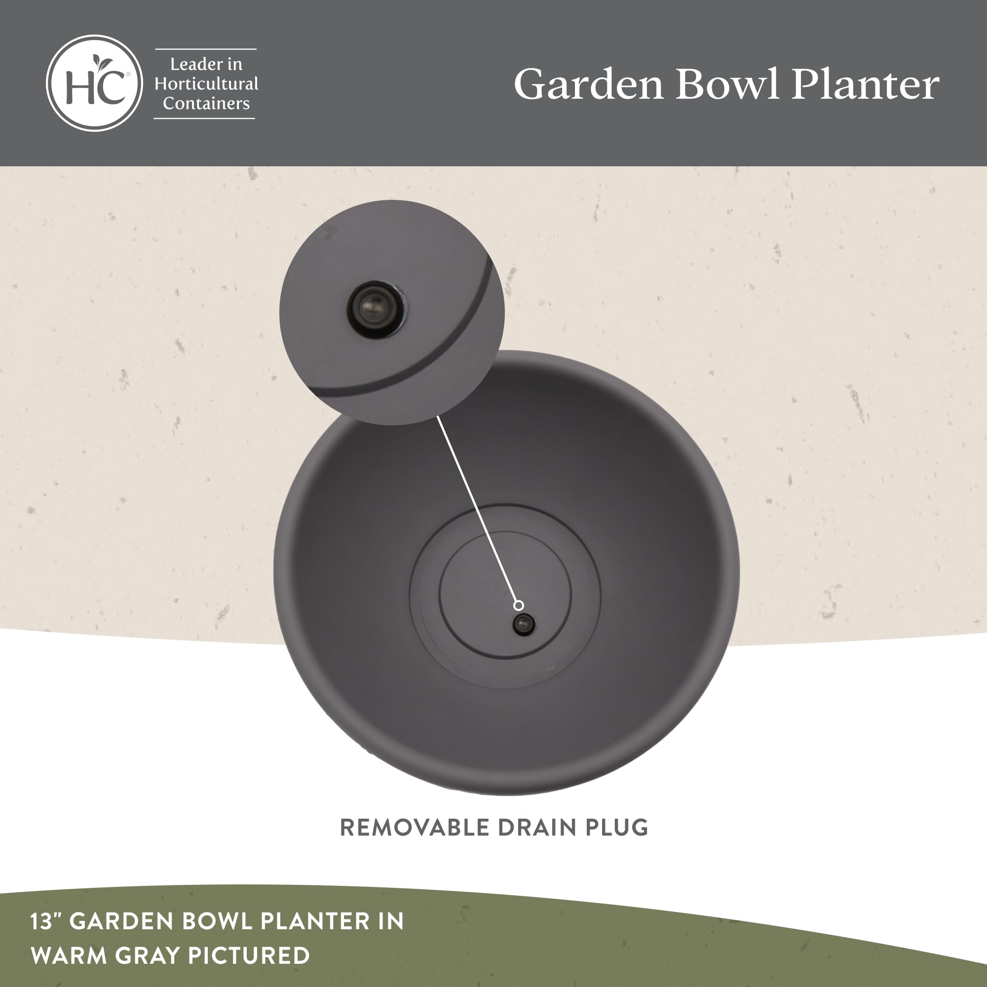 The HC Companies shallow planter removable drain plug, helps prevent overwatering.