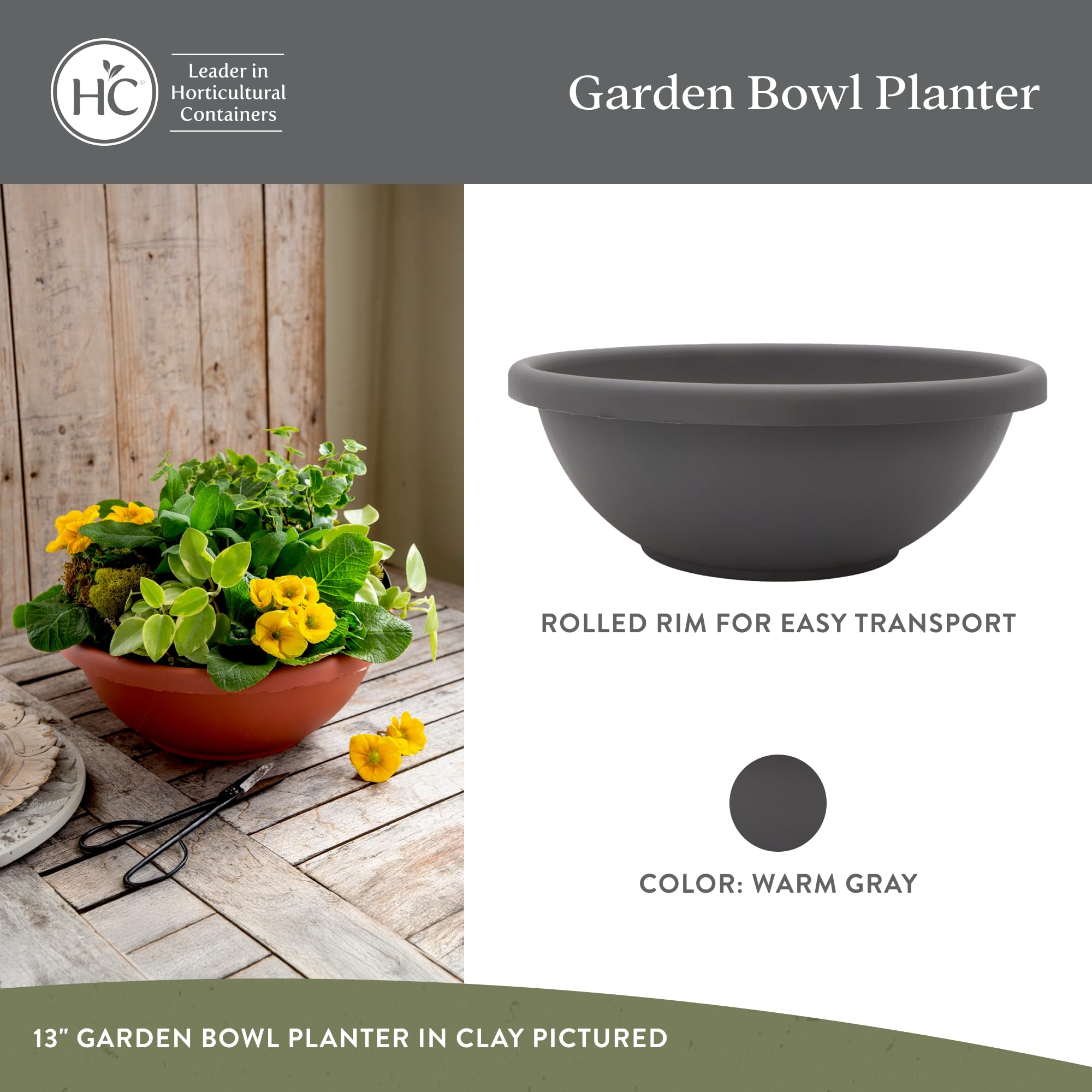 The HC Companies shallow planter rolled rim detail, easy movement even when filled with soil.