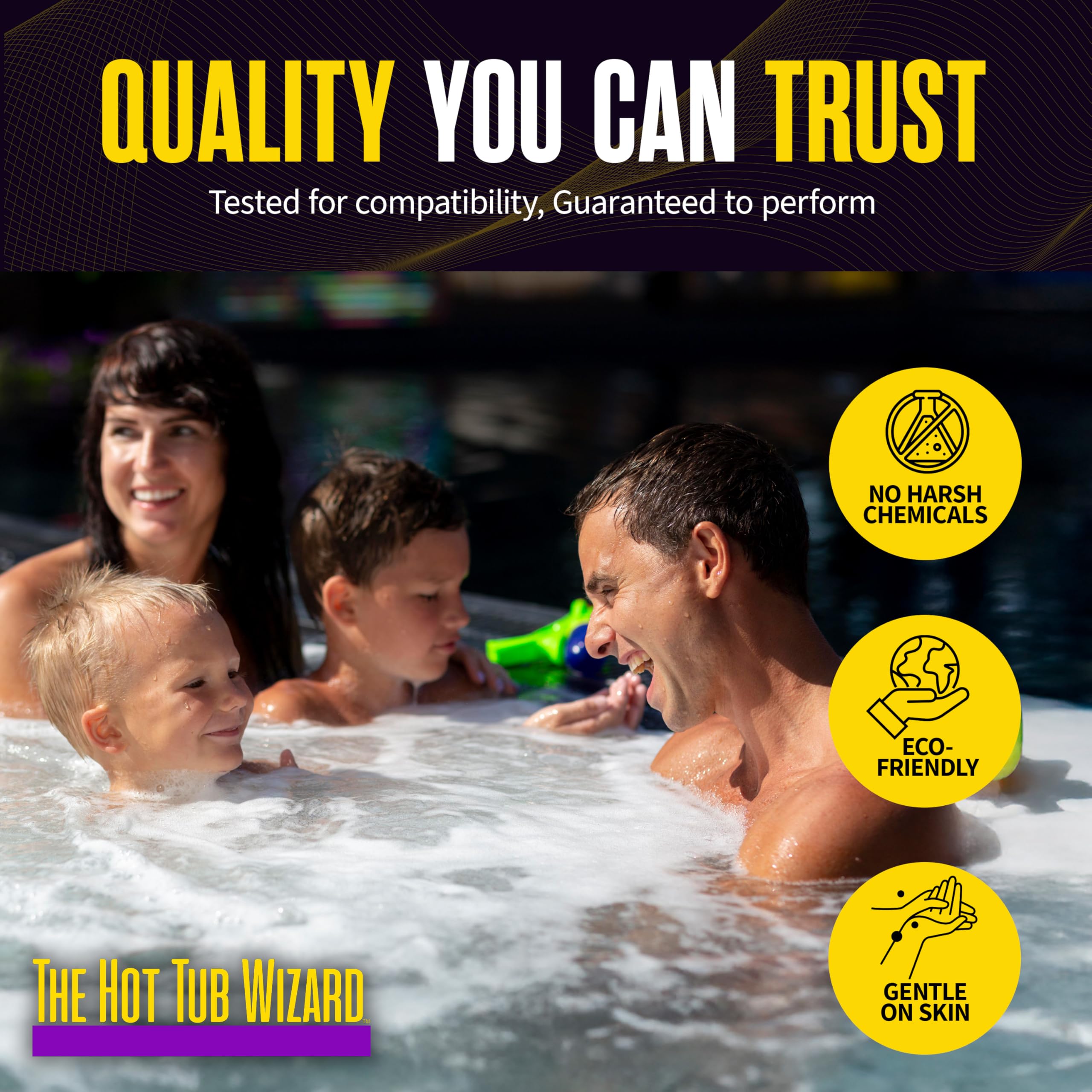 One-year warranty badge from The Hot Tub Wizard signals long-term support.