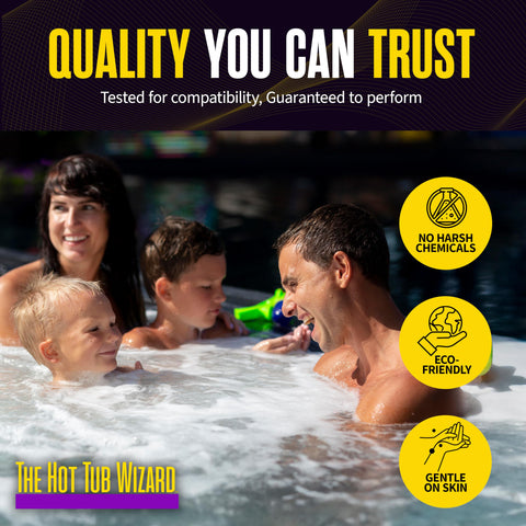 One-year warranty badge from The Hot Tub Wizard signals long-term support.