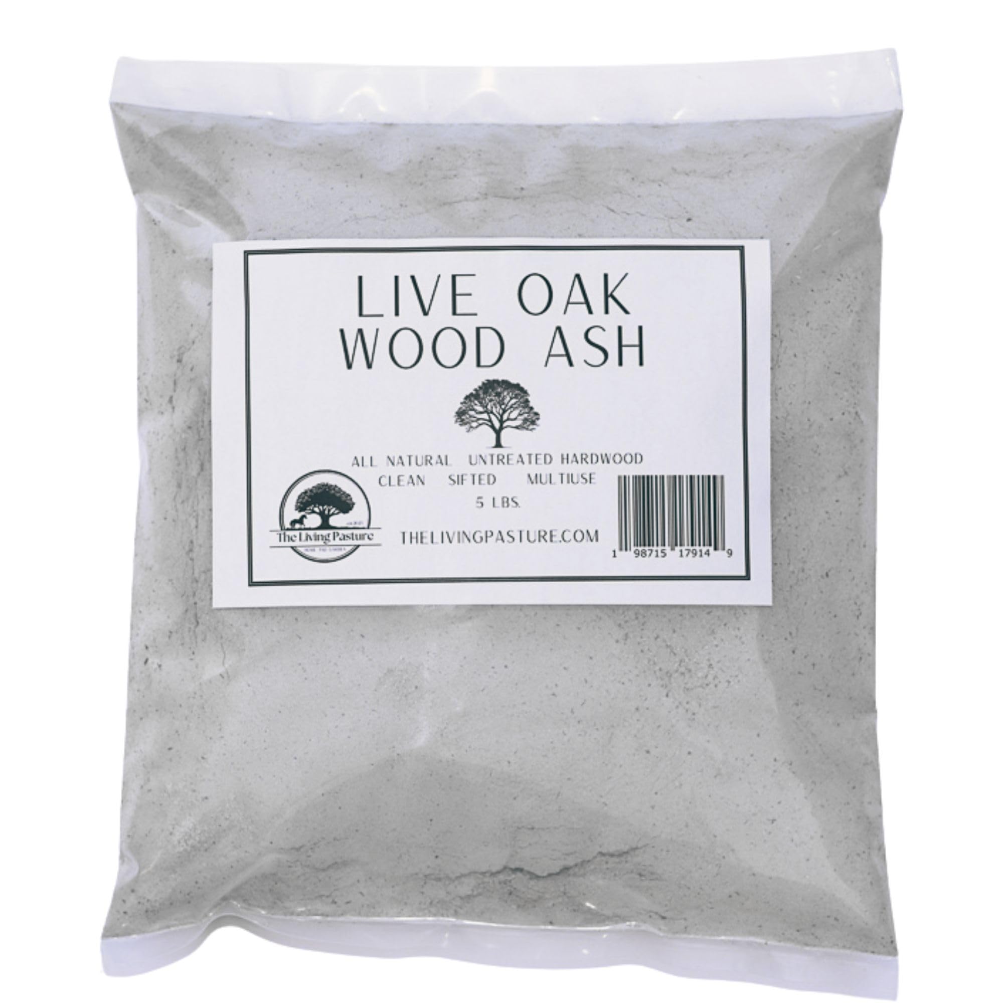 The Living Pasture Live Oak Wood Ash bag demonstrates eco-friendly soil amendment for gardens.
