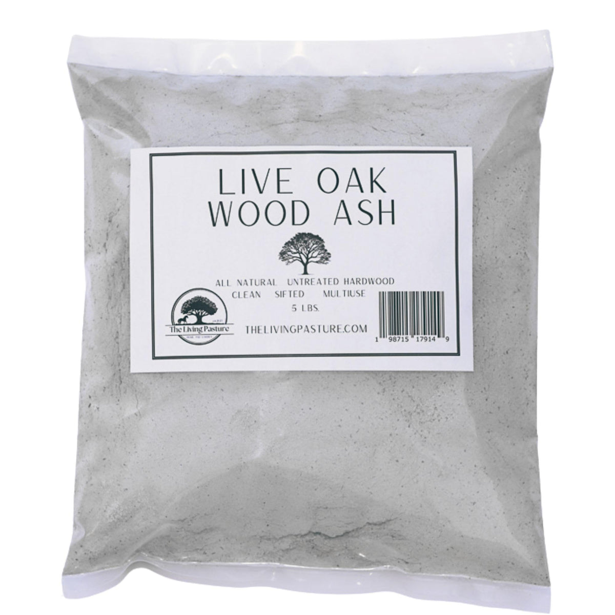The Living Pasture Live Oak Wood Ash bag demonstrates eco-friendly soil amendment for gardens.