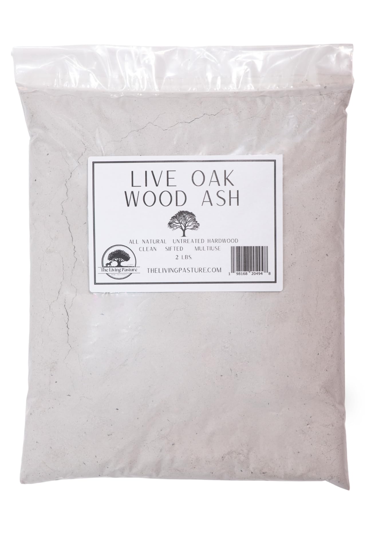 The Living Pasture Live Oak Wood Ash bag ready for soil amendment.