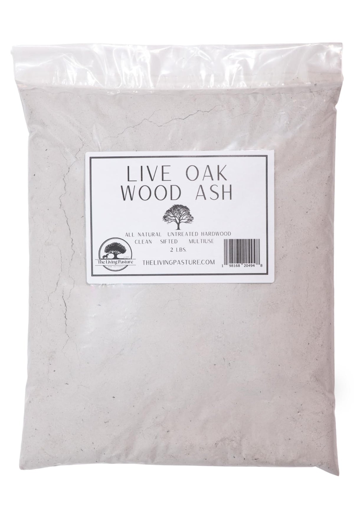 The Living Pasture Live Oak Wood Ash bag ready for soil amendment.