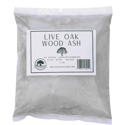 The Living Pasture Live Oak Wood Ash bag demonstrates eco-friendly soil amendment for gardens.