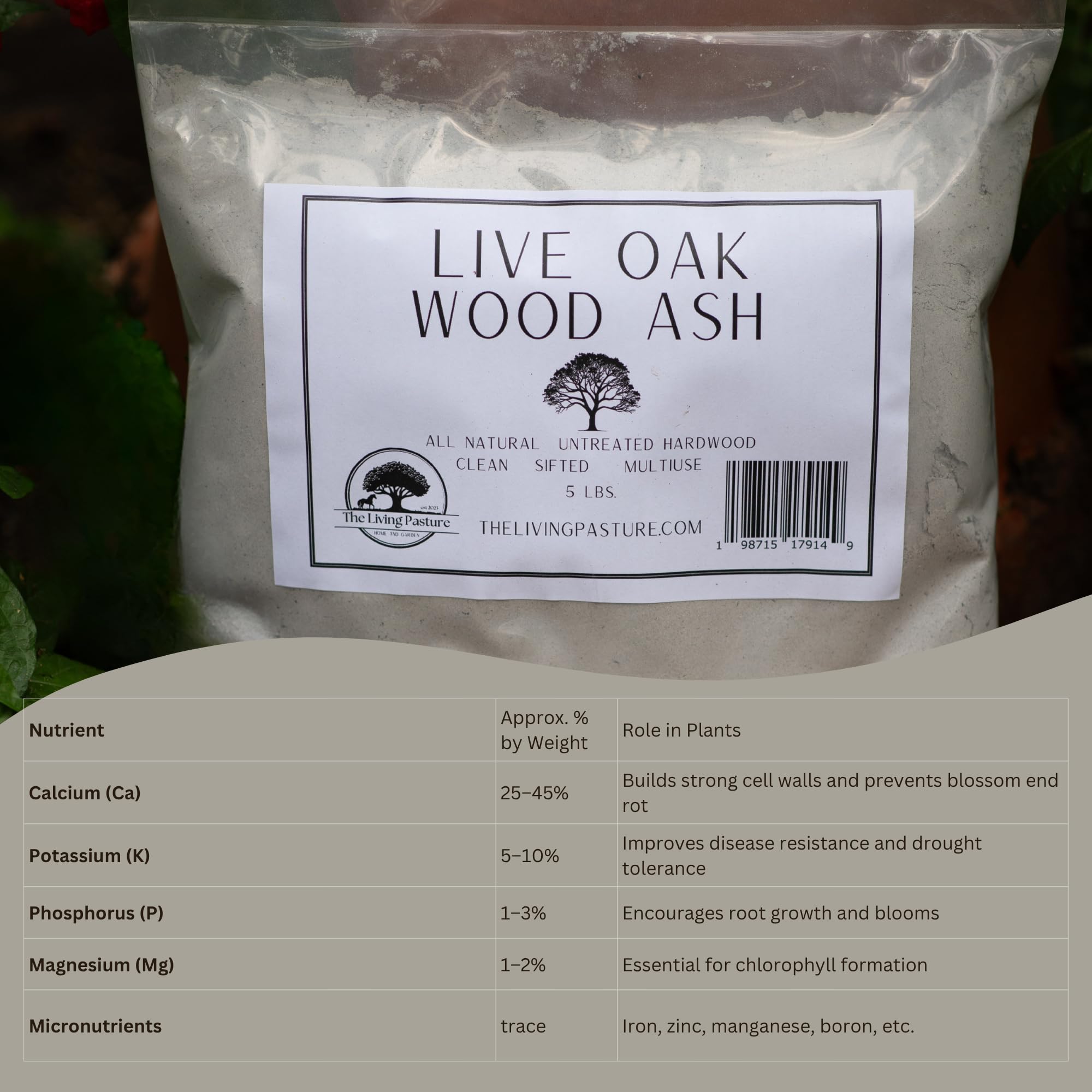 The Living Pasture Live Oak Wood Ash is easy to apply as a top dressing.