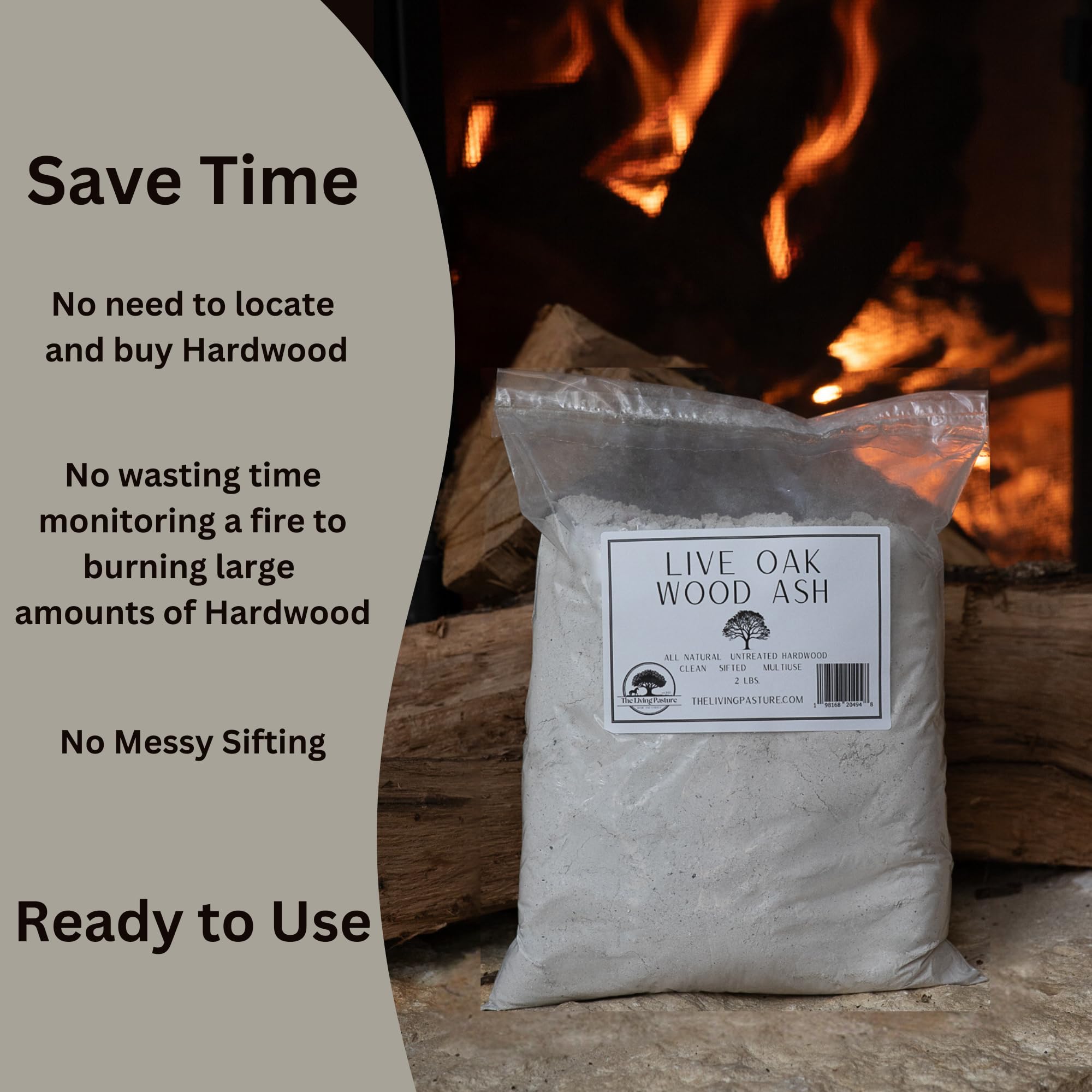 The Living Pasture Live Oak Wood Ash balances soil pH for healthier plant growth.