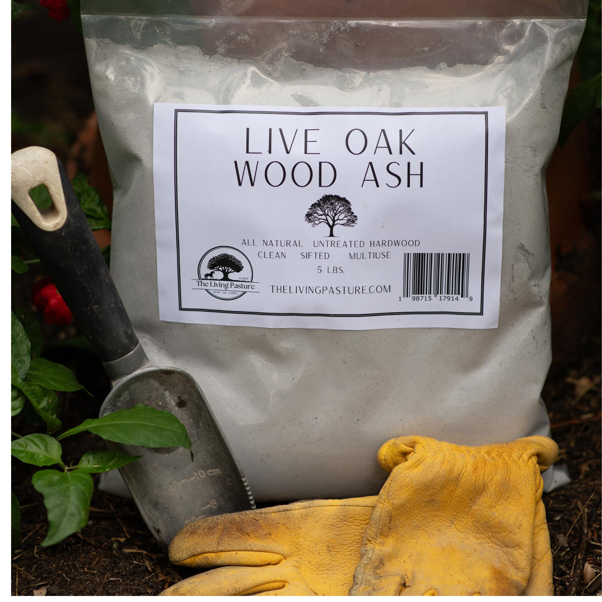 The Living Pasture Live Oak Wood Ash enriches compost with potassium, calcium, and magnesium.