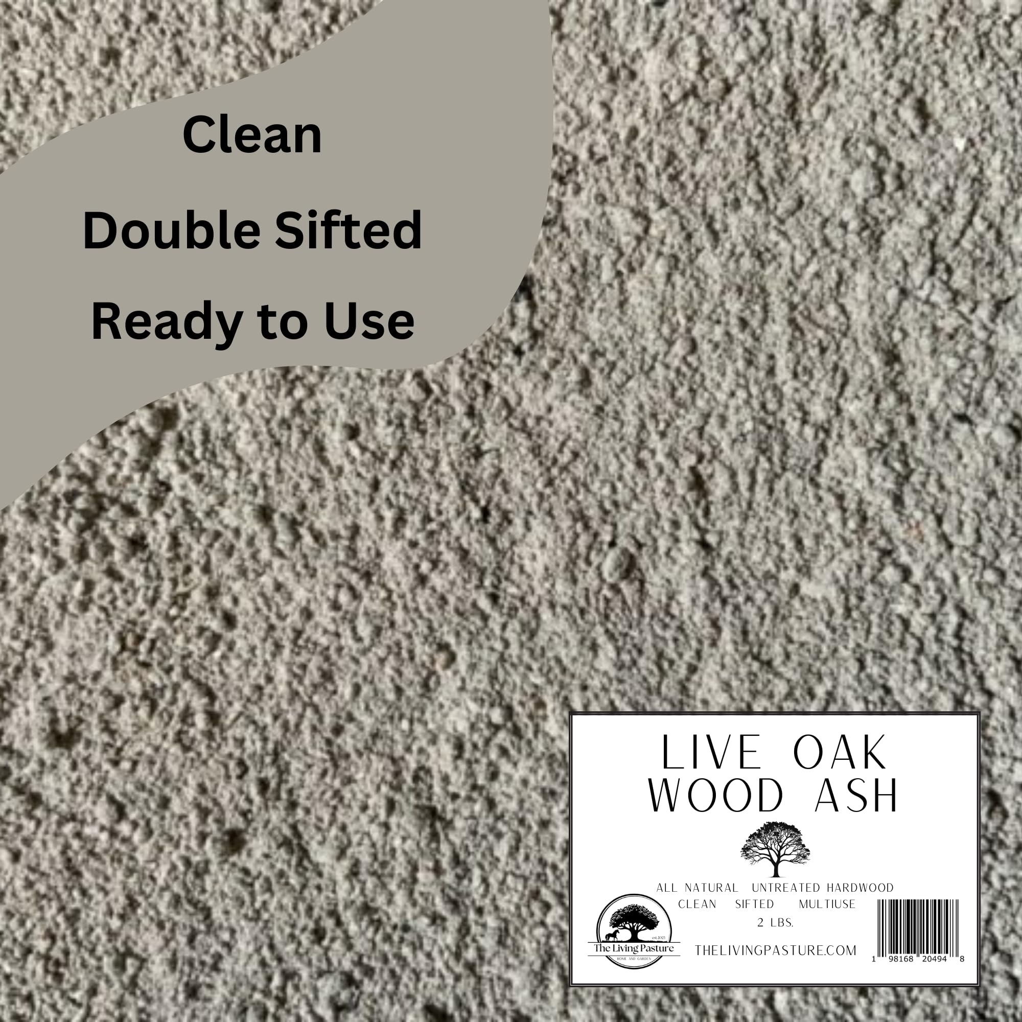 Close-up texture of The Living Pasture Live Oak Wood Ash reveals natural nutrient-rich powder.