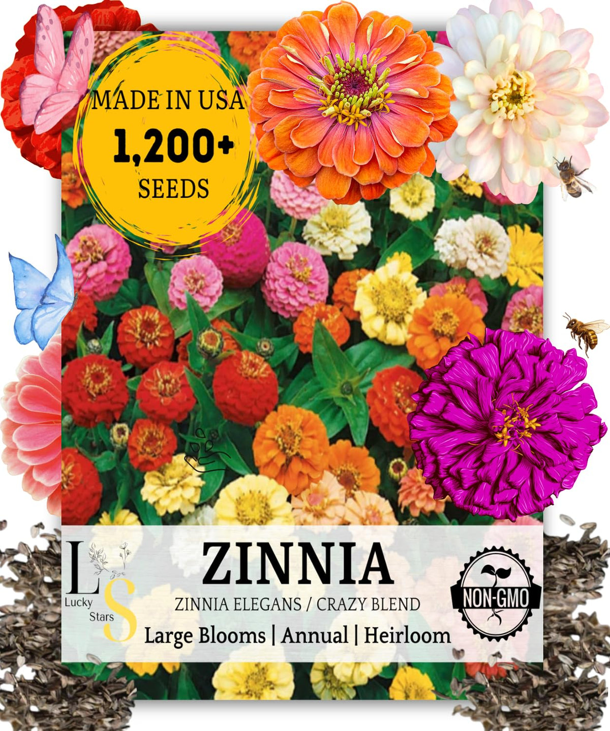 The Lucky Stars 1200-plus crazy blend zinnia seeds seed bag with vibrant colors for sunny borders.
