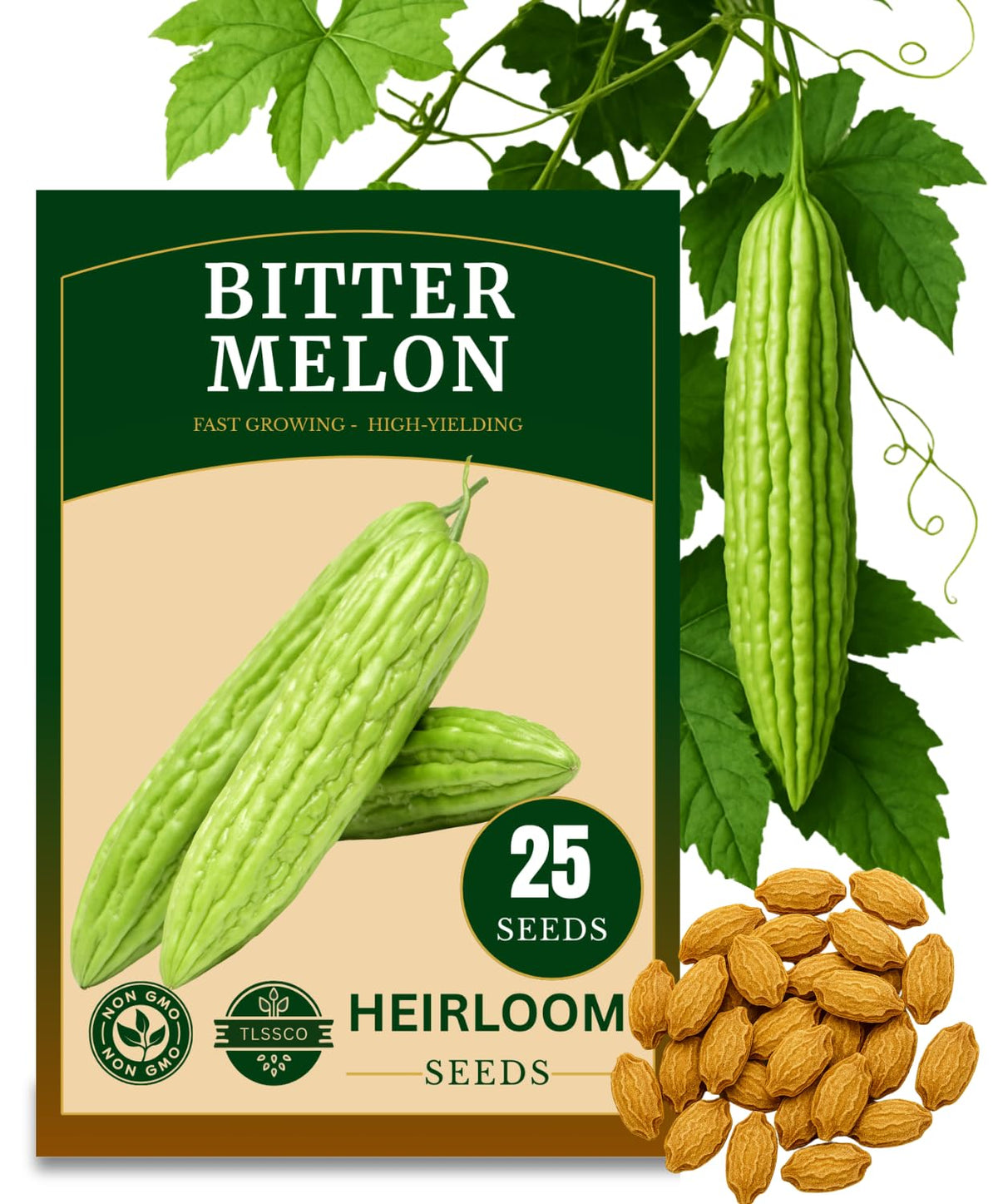 The Lucky Stars bitter melon seeds packet front with authentic heirloom branding for home gardeners