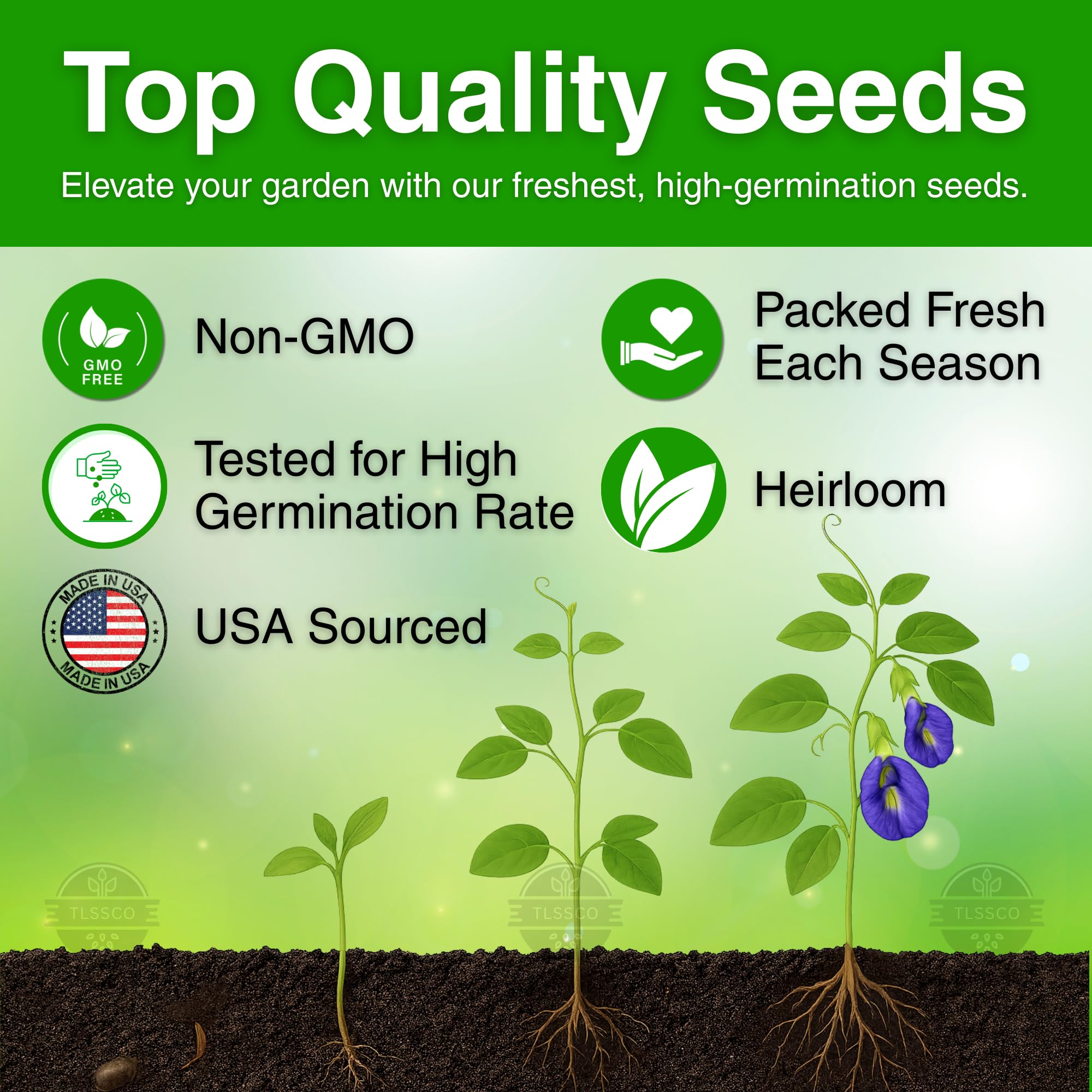 The Lucky Stars butterfly pea seeds germination guide image highlights easy sprouting for spring planting.