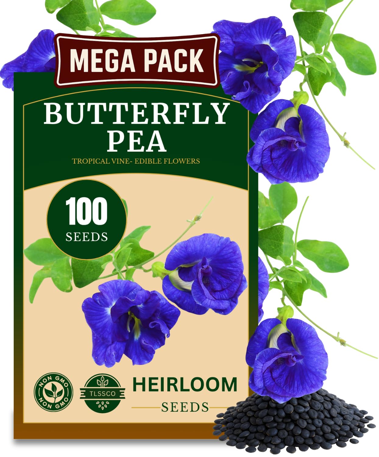 The Lucky Stars butterfly pea seeds packaging showcases vibrant blooms for a colorful, eye-catching garden.