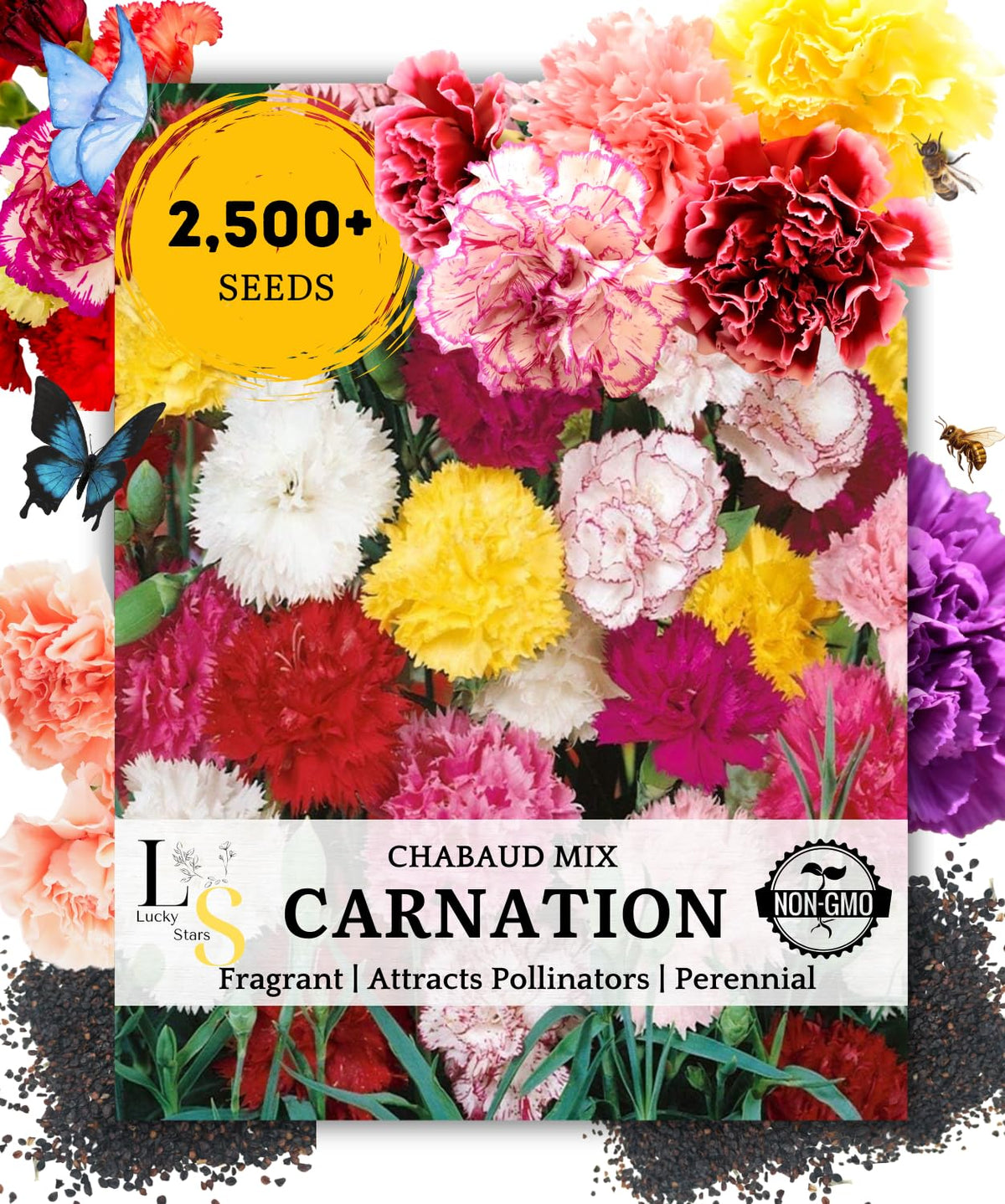 The Lucky Stars carnation seeds mix in packaging ready for garden planting.