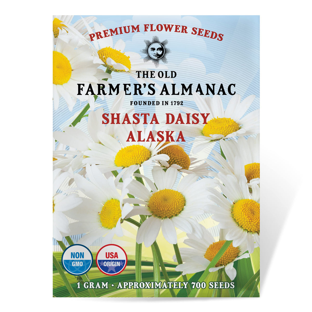 The Old Farmer's Almanac Alaska Shasta Daisy seeds packet offering 700 open-pollinated blooms for sunny borders