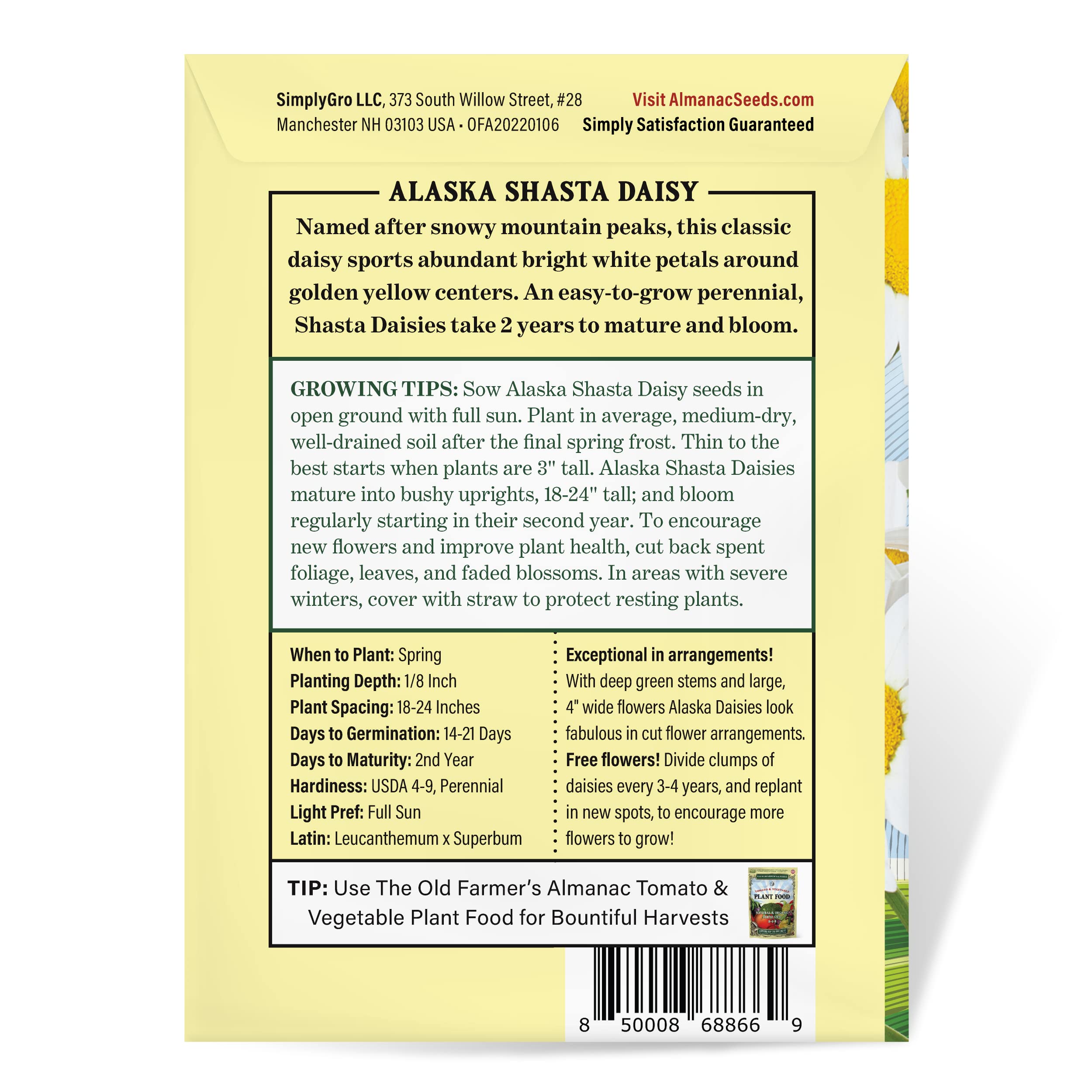 Germination information for The Old Farmer's Almanac Alaska Shasta Daisy seeds