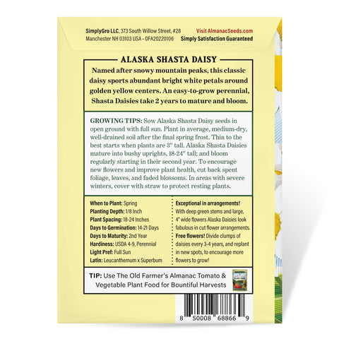 Germination information for The Old Farmer's Almanac Alaska Shasta Daisy seeds