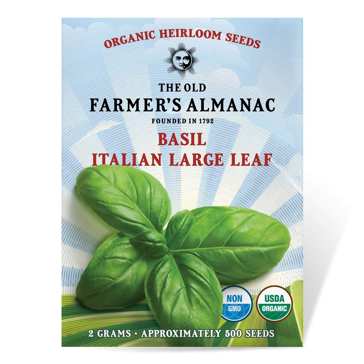 The Old Farmer's Almanac Organic Basil seeds in packet, ideal for home herb gardens.