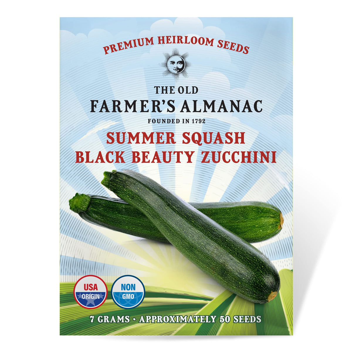 The Old Farmer's Almanac Black Beauty zucchini seeds packet ready for planting