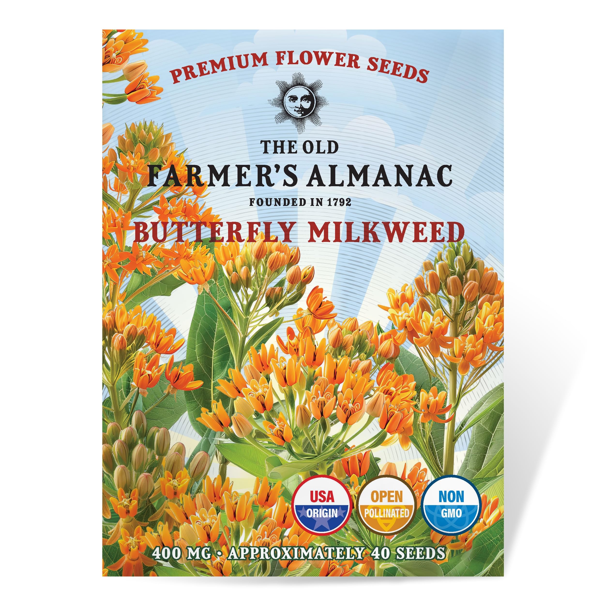 The Old Farmer's Almanac butterfly milkweed seeds packet front for pollinator-friendly planting