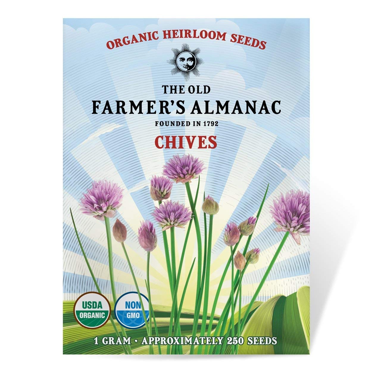 The Old Farmer's Almanac chive seeds packet close-up, premium heirloom quality for gardeners.
