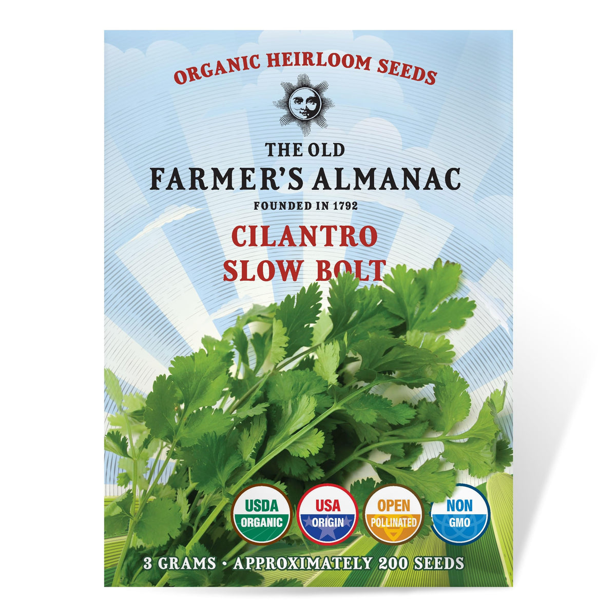 The Old Farmer's Almanac cilantro seeds slow-bolt pack for steady harvests and strong flavor.