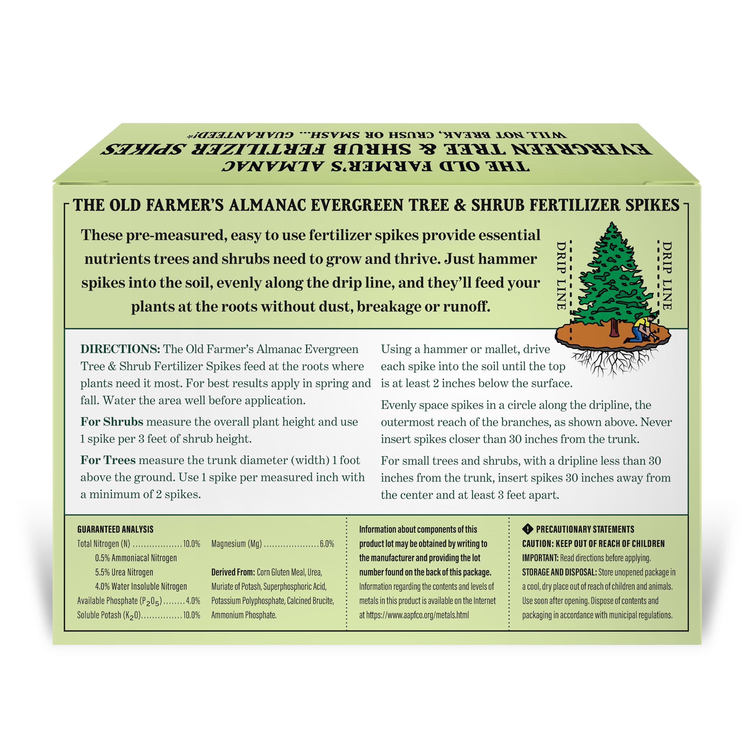 USA-made The Old Farmer's Almanac spikes offer reliable evergreen nutrition.