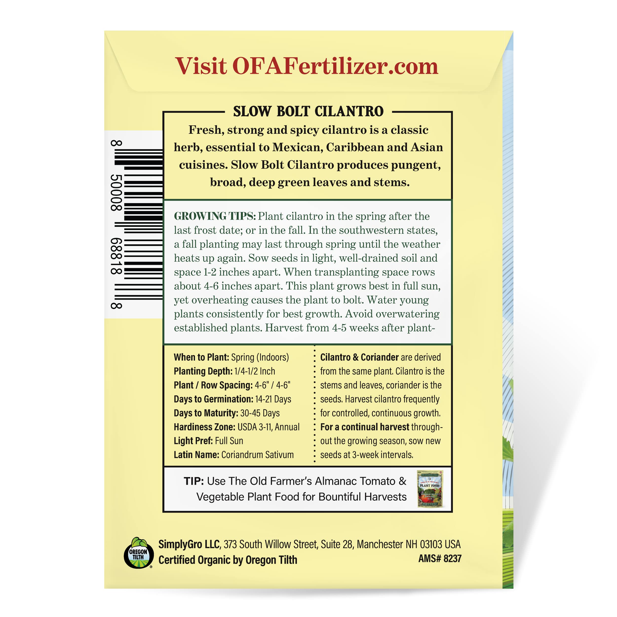 The Old Farmer's Almanac open-pollinated cilantro seeds offering heritage flavor.