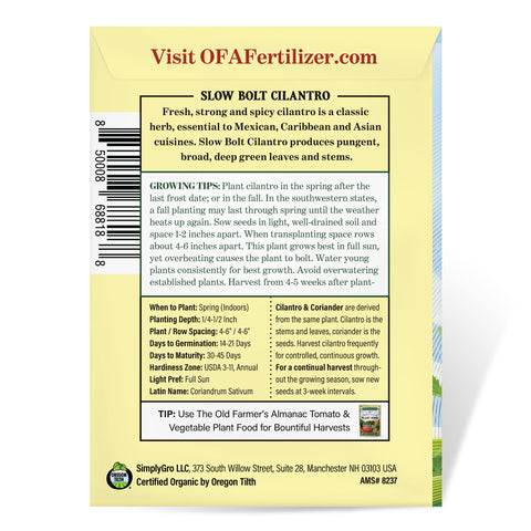The Old Farmer's Almanac open-pollinated cilantro seeds offering heritage flavor.