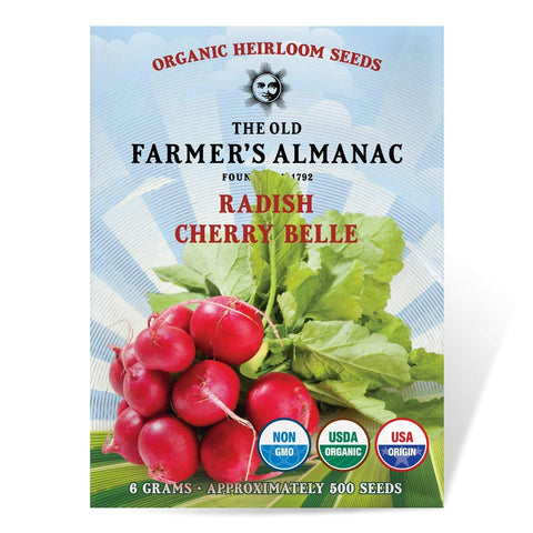 The Old Farmer's Almanac organic radish seeds Cherry Belle seed pack for home gardening.