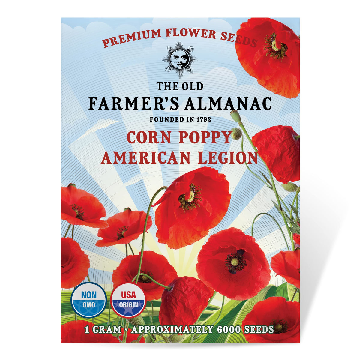 The Old Farmer's Almanac American Legion poppy seeds seed packet boosts garden color.
