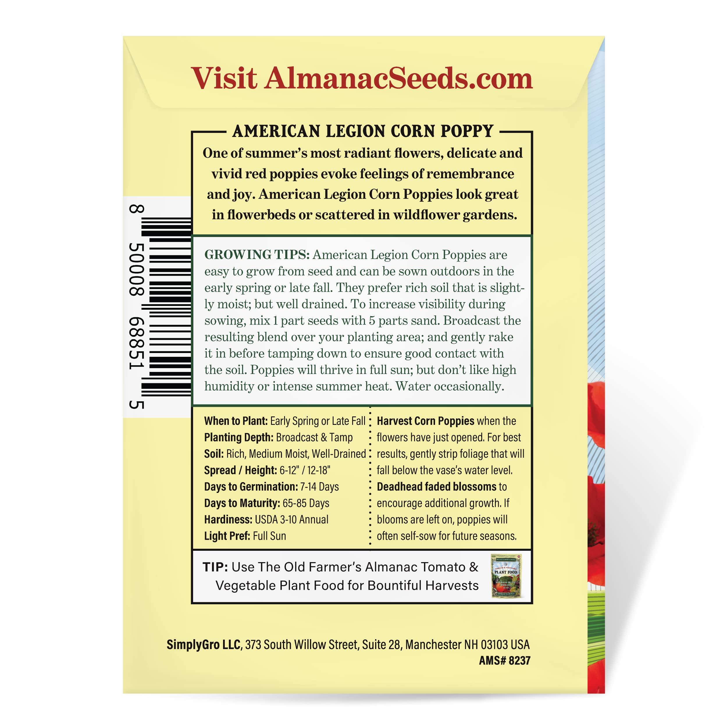 The Old Farmer's Almanac American Legion seeds in a pack ideal for mixed wildflower beds.