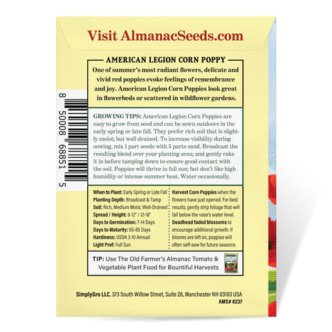 The Old Farmer's Almanac American Legion seeds in a pack ideal for mixed wildflower beds.