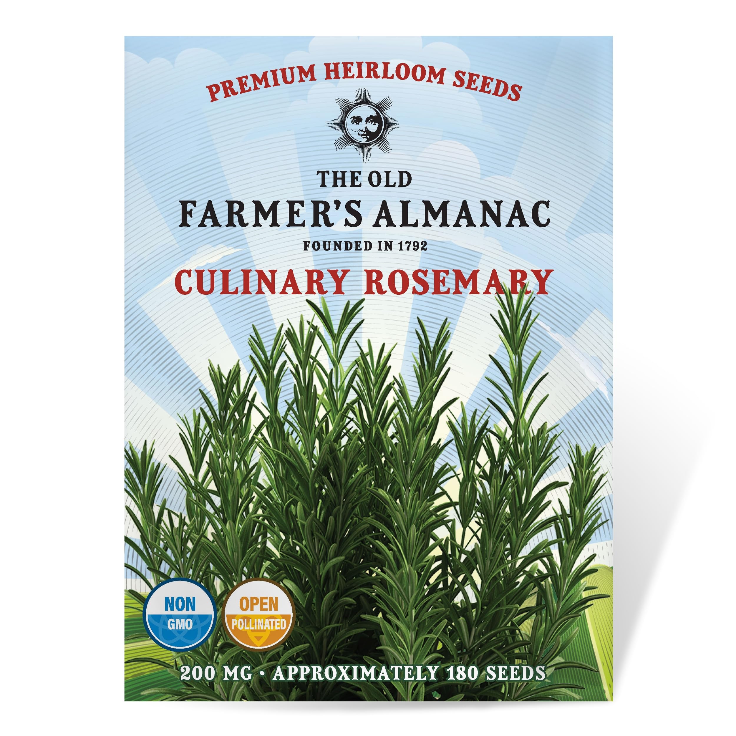 The Old Farmer's Almanac rosemary seed packet front, reliable heirloom seeds for homegrown herbs.