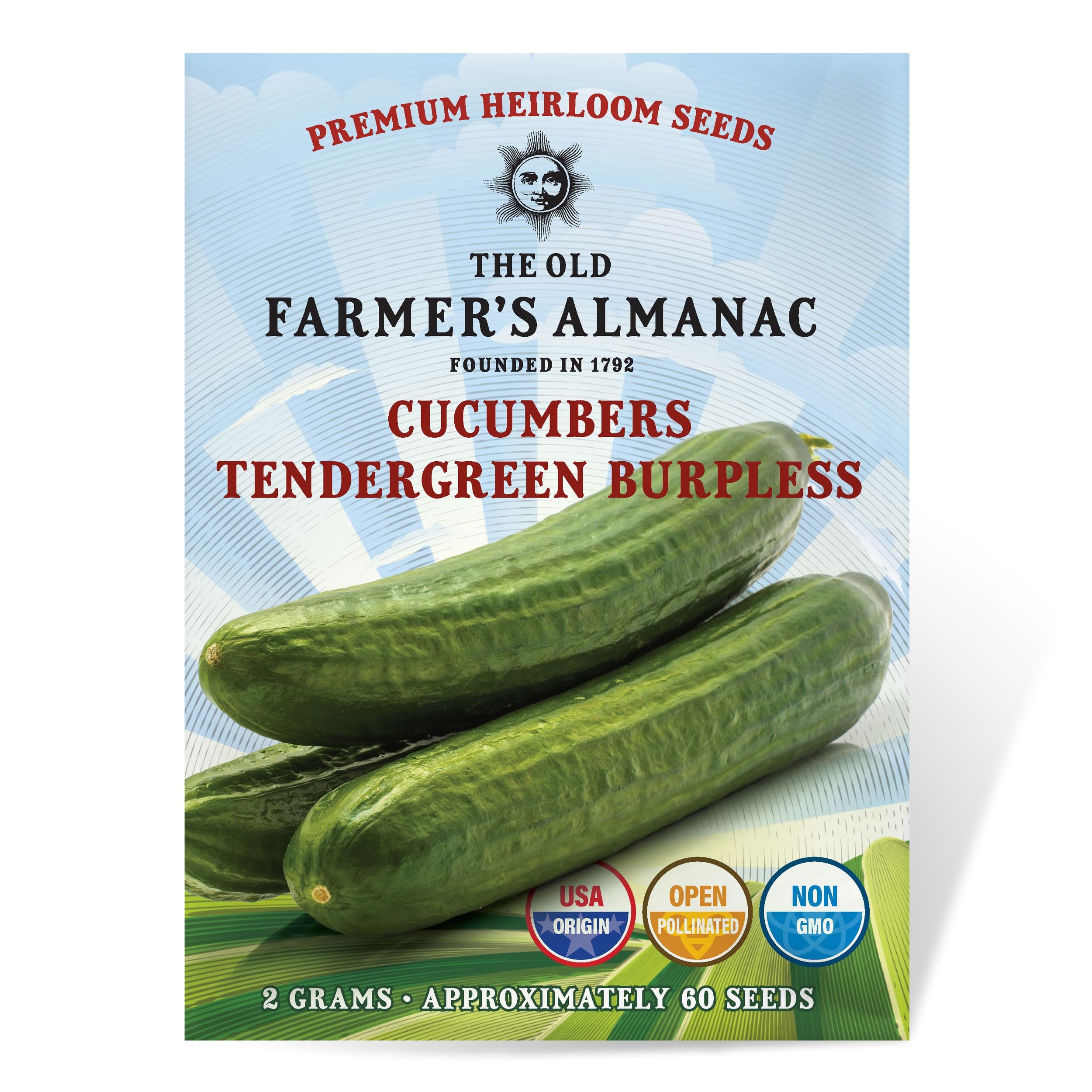 The Old Farmer's Almanac Tendergreen Burpless cucumber seeds packet for a fresh garden harvest