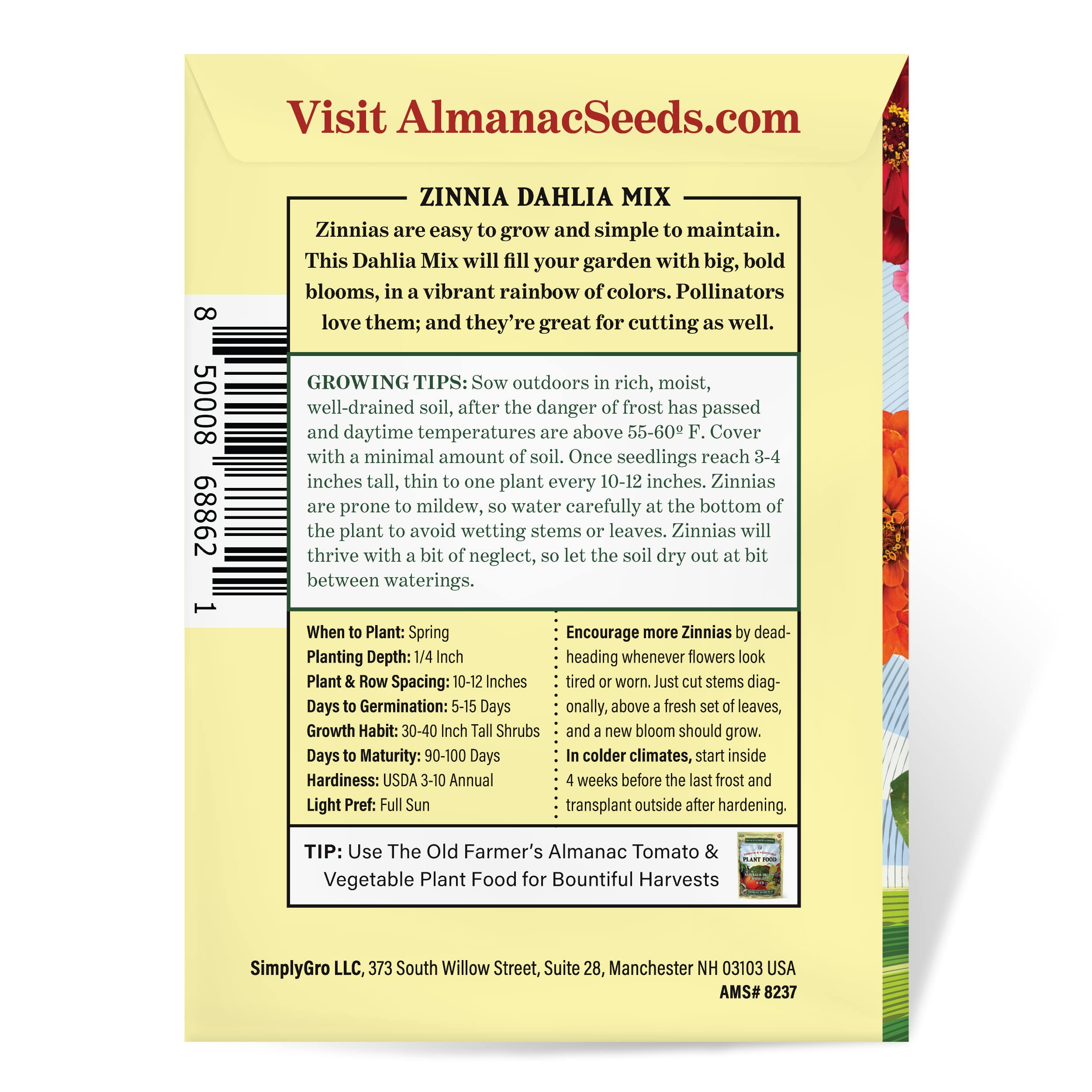 The Old Farmer's Almanac zinnia-dahlia-mix packet shows open-pollinated quality.