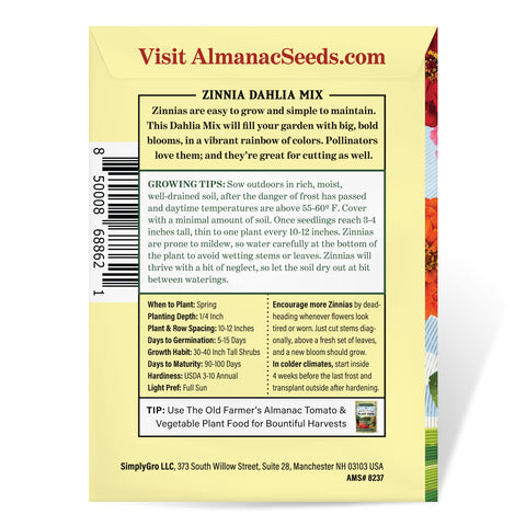 The Old Farmer's Almanac zinnia-dahlia-mix packet shows open-pollinated quality.