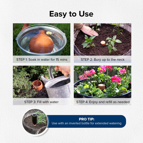 The Olla Company root-zone watering keeps plants evenly watered near roots.