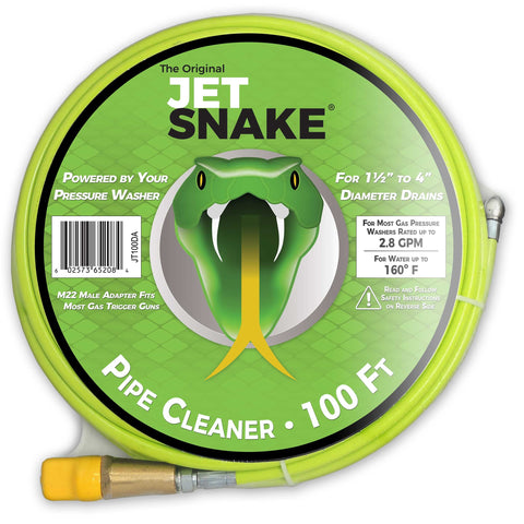 The Original Jetsnake 100ft sewer jetter hose for deep drain cleaning.