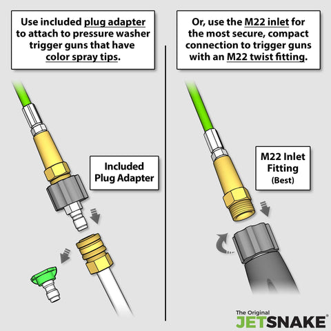 The Original Jetsnake quick-connect twist plug enables fast, secure hose connections.