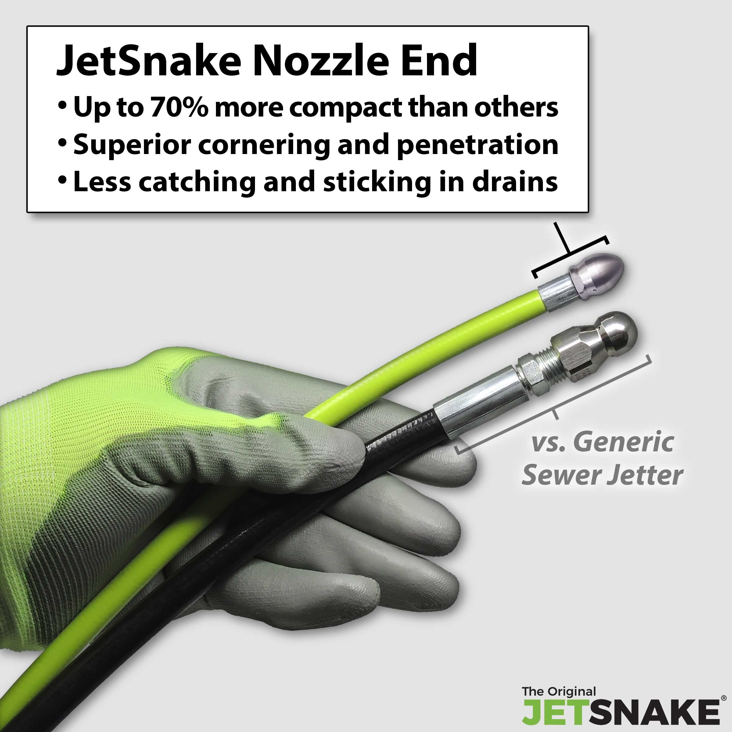 JetSnake nozzle close-up showing three back jets for clog penetration