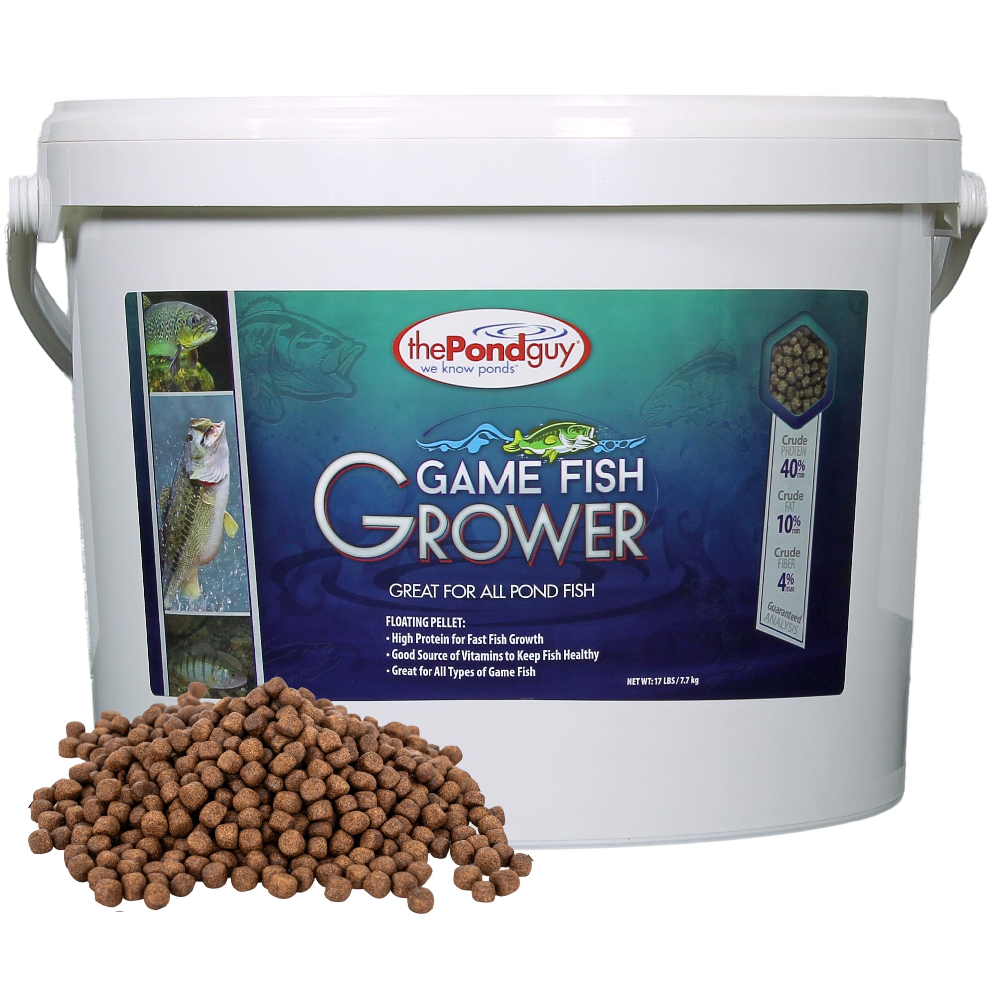 The Pond Guy Game Fish Grower bag front shows premium formula for strong growth.