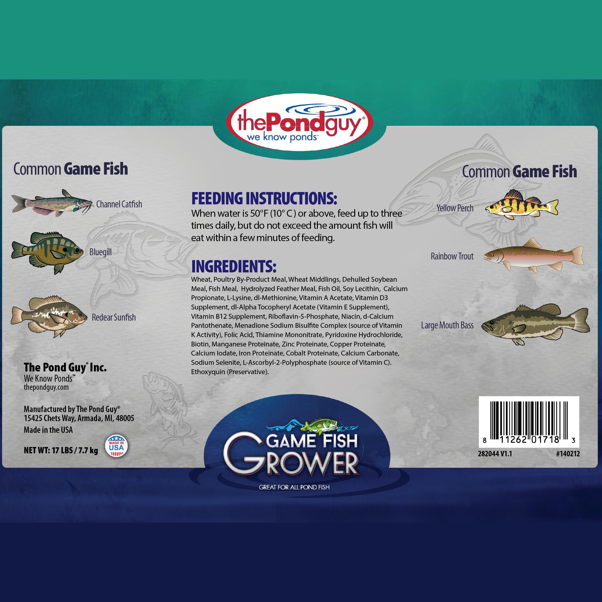 The Pond Guy Game Fish Grower bucket seal highlights easy reseal for freshness.