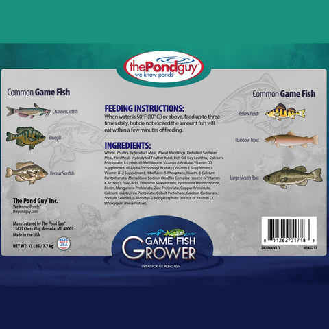 The Pond Guy Game Fish Grower bucket seal highlights easy reseal for freshness.