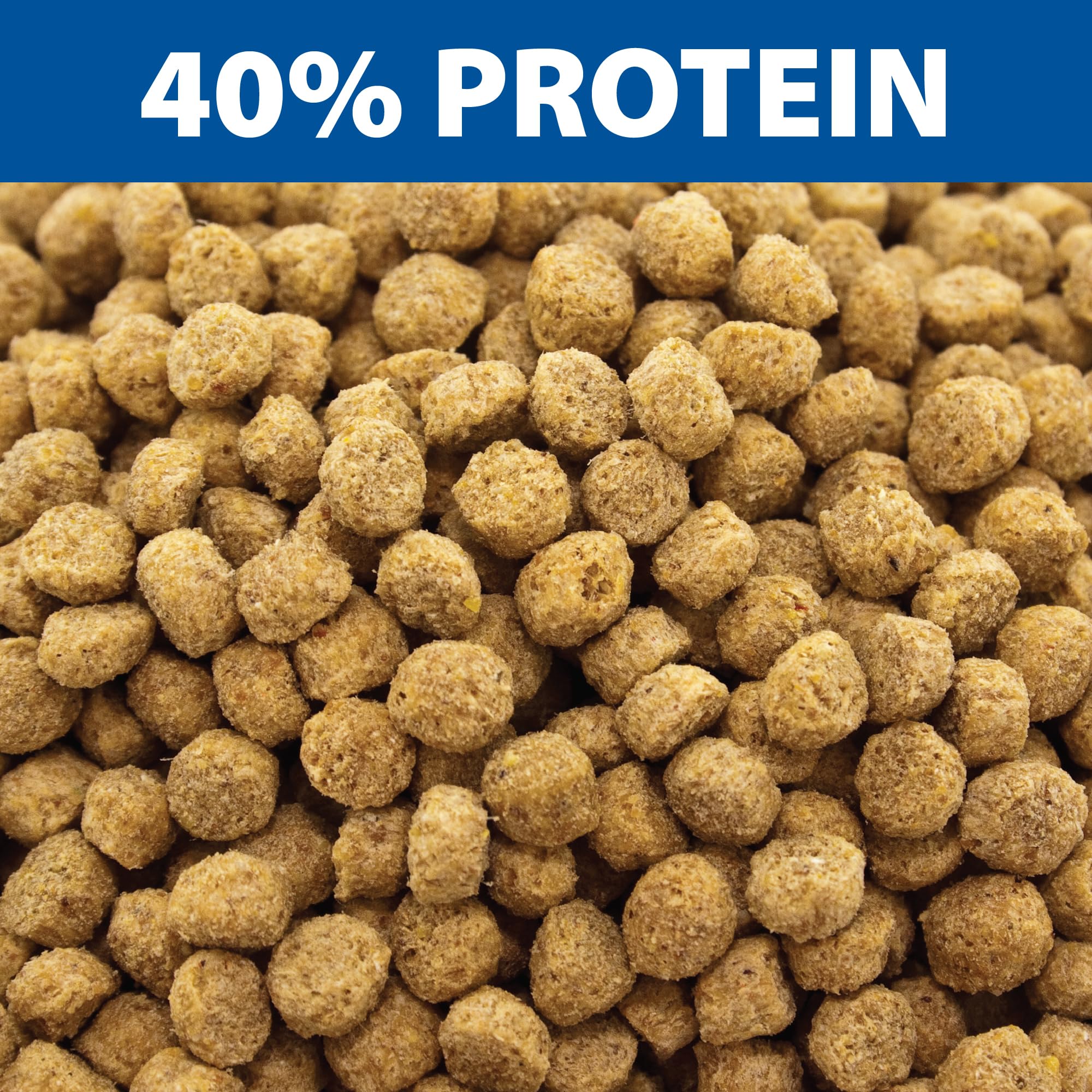 The Pond Guy Game Fish Grower pellets closeup emphasizes uniform 3.0 mm size for even feeding.