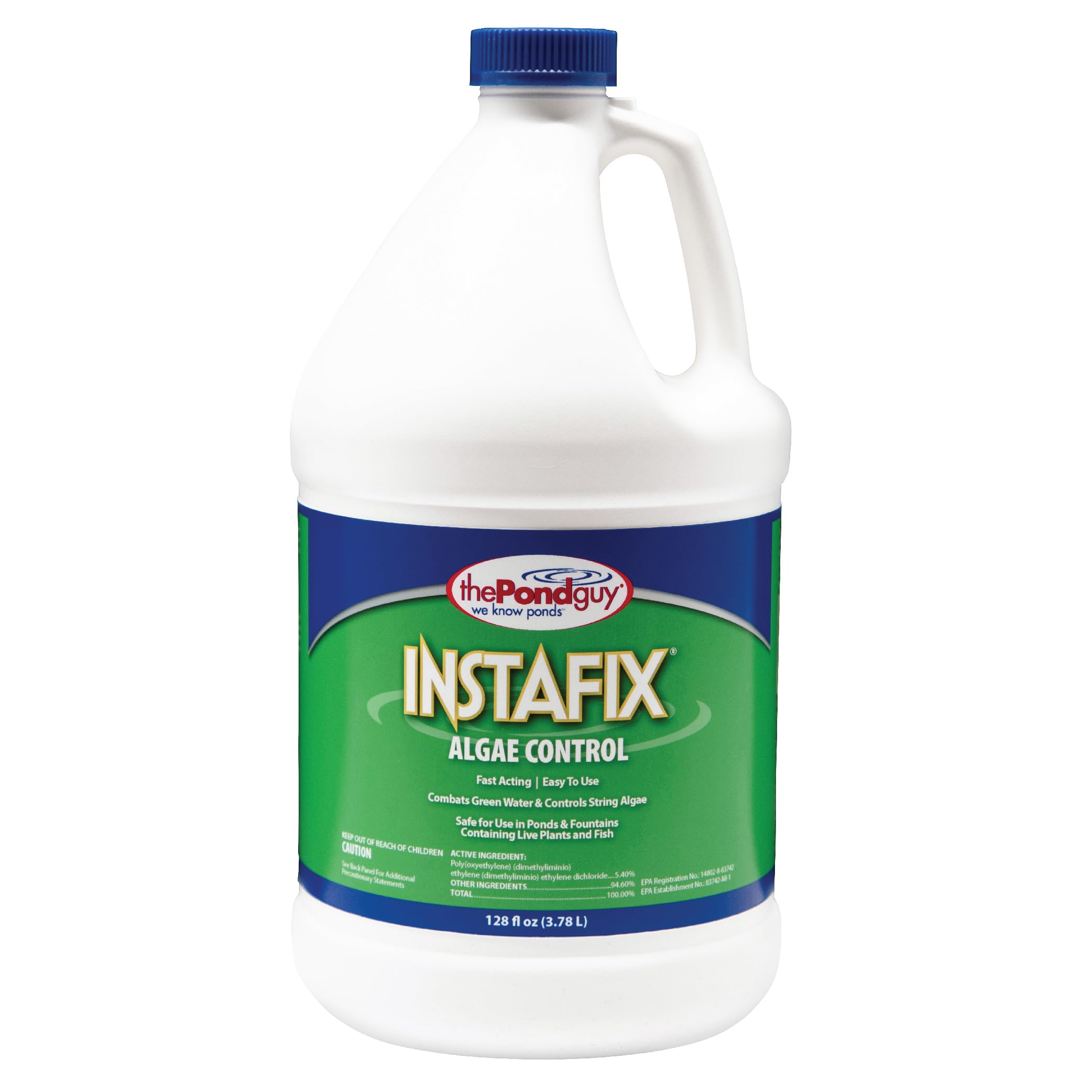 The Pond Guy InstaFix Algae Control bottle being poured around a pond edge for quick treatment.