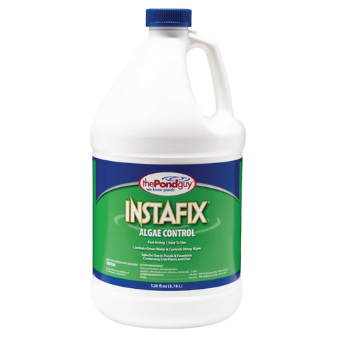 The Pond Guy InstaFix Algae Control bottle being poured around a pond edge for quick treatment.