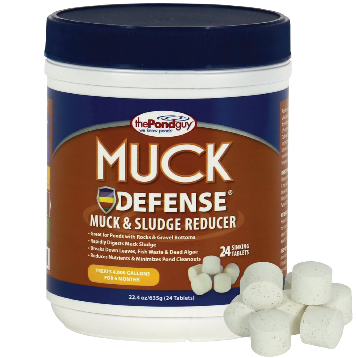 The Pond Guy Muck Defense tablets dissolving to digest pond sludge.