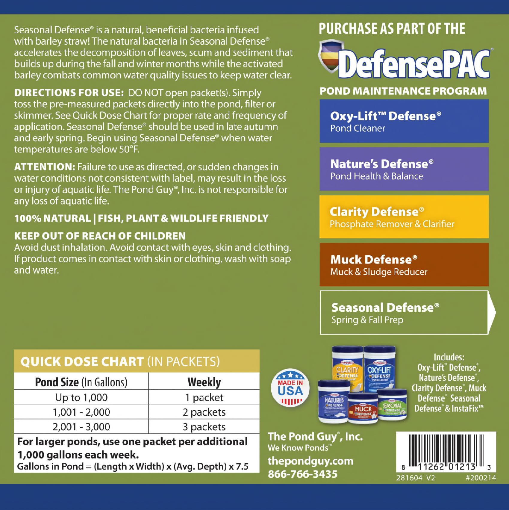 The Pond Guy Seasonal Defense application shows simple dosing for spring and fall.